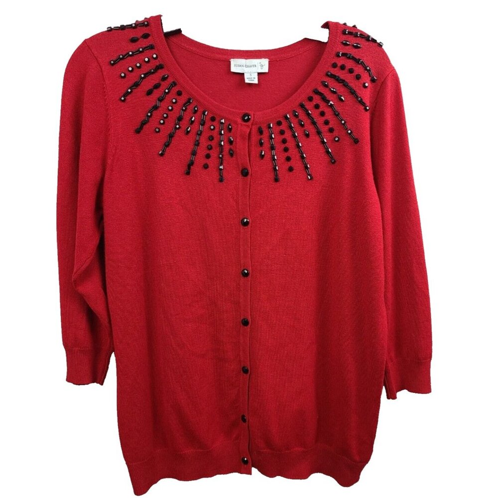 Susan Graver Womens Red Beaded Cardigan Small 3/4 Sleeve Button Front Holiday